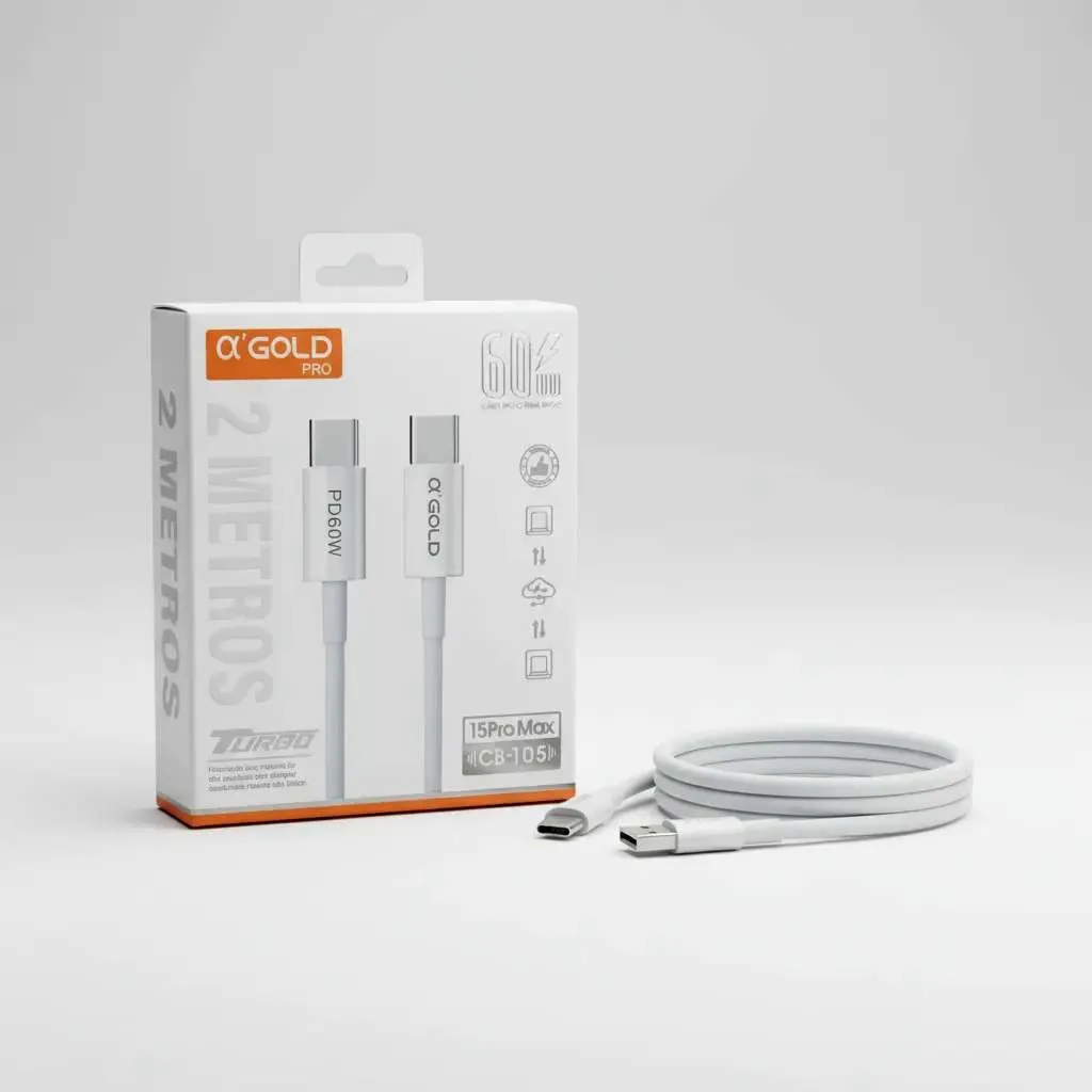 Cabo A'Gold 2m Turbo 30W Duplo USB-C iPhone 15 16 17 e Android