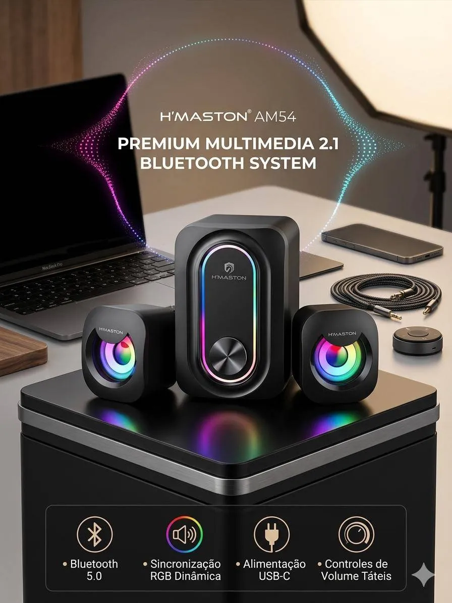 CAIXA DE SOM BLUETOOTH H´MASTON PORTÁTIL COM LED RGB PARA PC