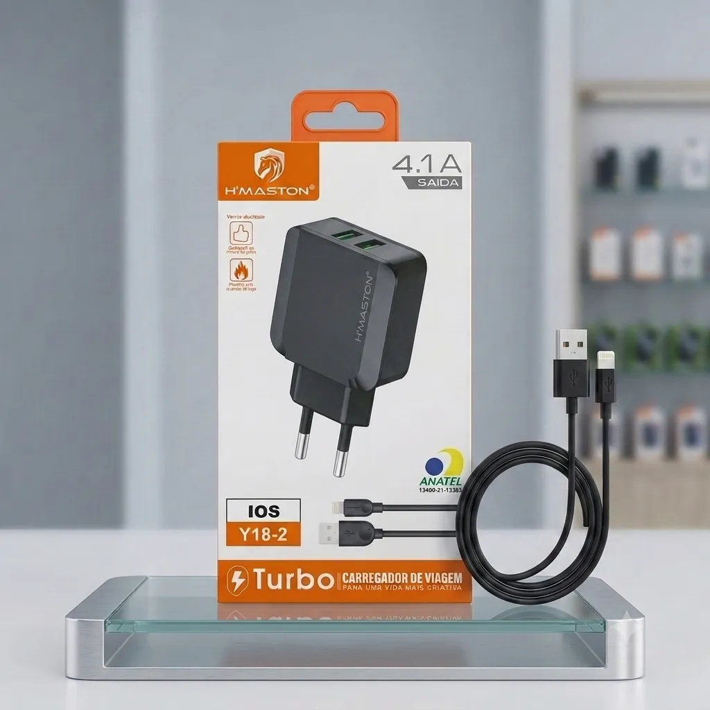 Carregador 2 Usb Y18-2 4.1a + Cabo Tipo Ios H Maston PRETO