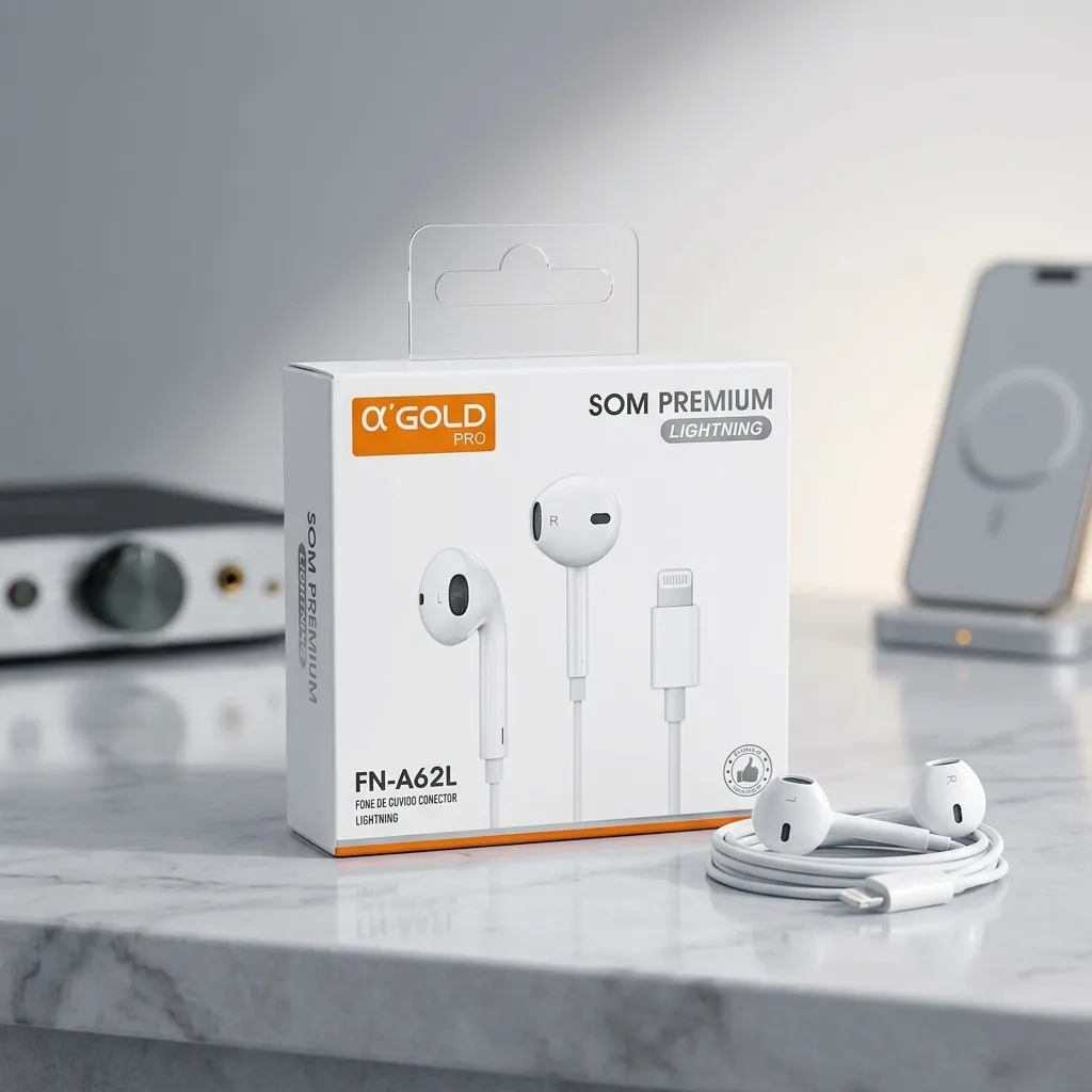 Fone de Ouvido In-ear A'Gold FN-A62 Lightning com Microfone Som Premuim