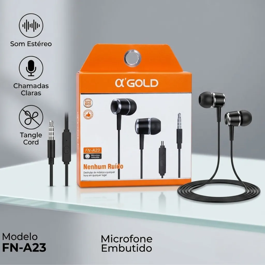 Fone de Ouvido A'Gold FN-A23 Com Microfone Som Premium  PRETO