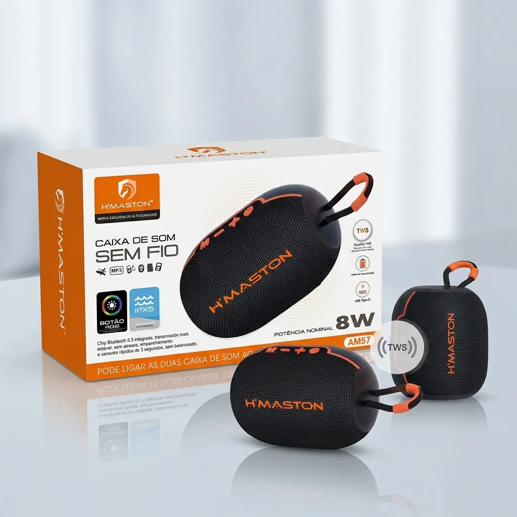 Caixa Som Portatil Bluetooth H'maston 5.3 Led Rgb Tws 8w