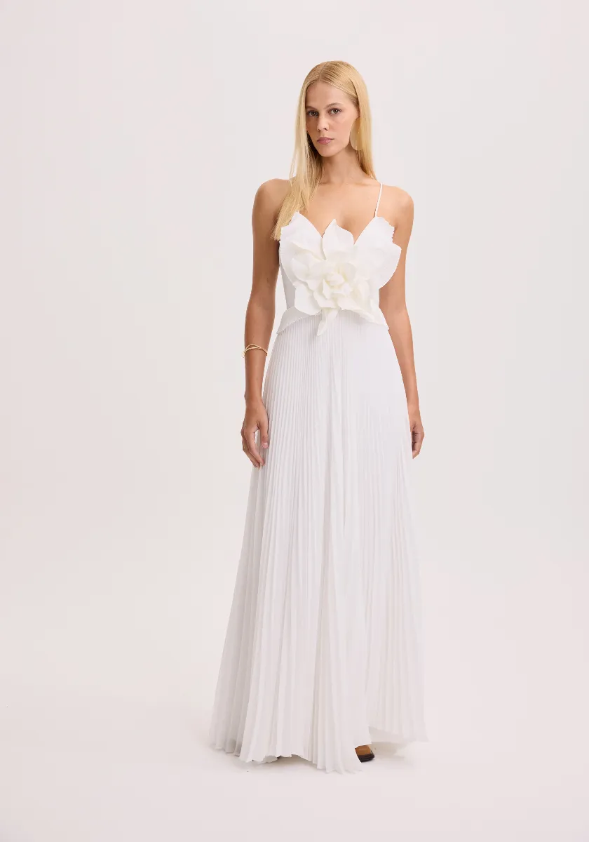VESTIDO LONGO COM FLOR OFF WHITE