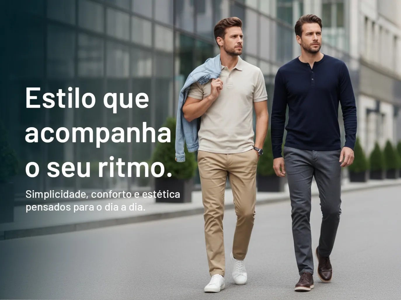 Um homem e uma mulher olhando lateralmente para a esquerda, com roupas casuais